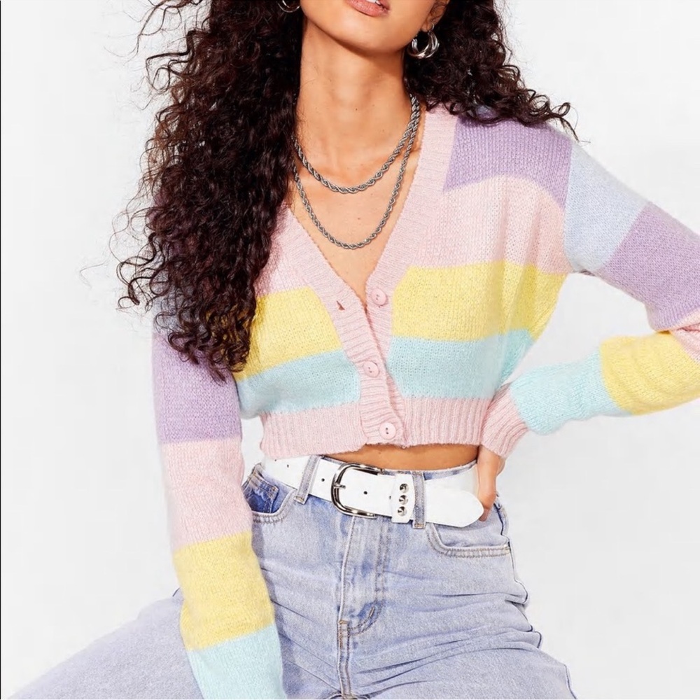 Nasty Gal Pastel Striped V-Neck Cropped Cardigan - Pink, Yellow, Blue, Purple L